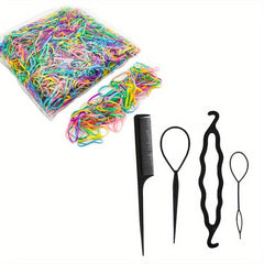 500-1000pcs Elastic Rubber Bands + 4pcs Hair Styler Bun Maker