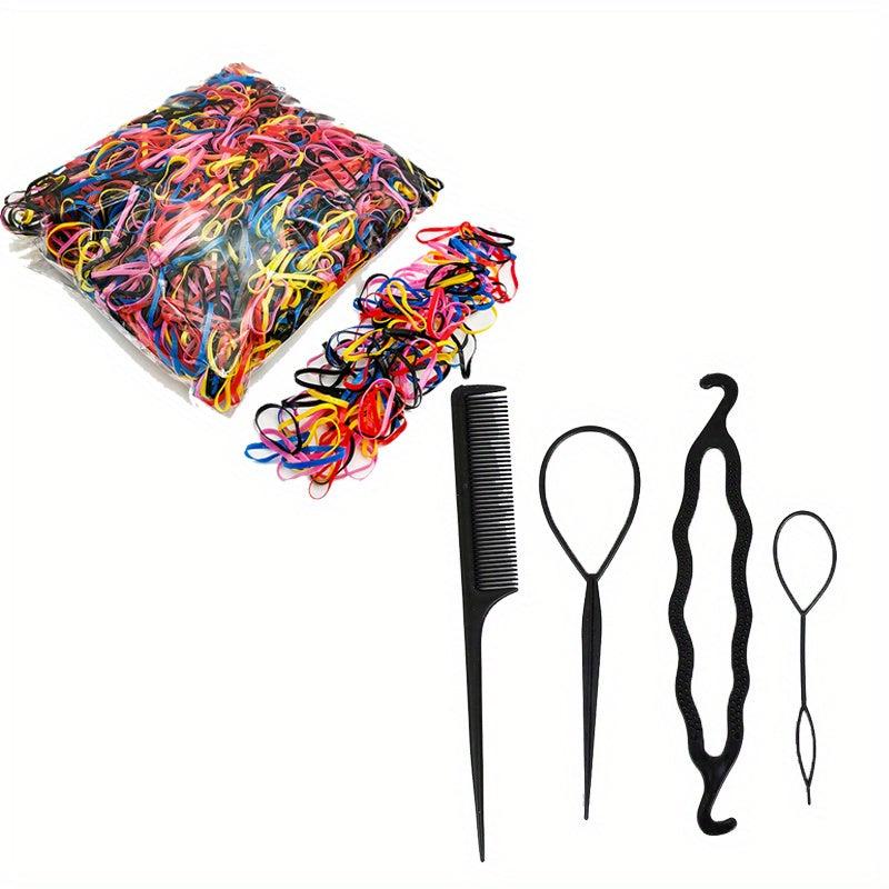 500-1000pcs Elastic Rubber Bands + 4pcs Hair Styler Bun Maker