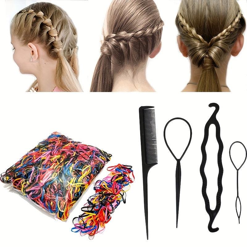 500-1000pcs Elastic Rubber Bands + 4pcs Hair Styler Bun Maker
