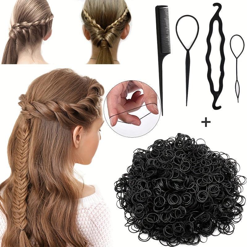 500-1000pcs Elastic Rubber Bands + 4pcs Hair Styler Bun Maker