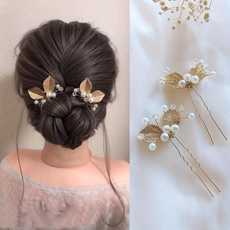 Golden Leaf Hair Pin Bridal U shaped Pin Headdress Hair Accessories