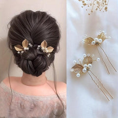 Golden Leaf Hair Pin Bridal U shaped Pin Headdress Hair Accessories