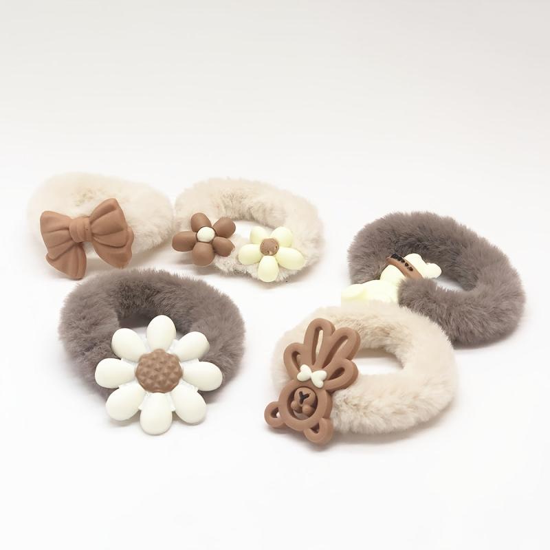 5pcs Bear Plush Hair Tie Cartoon Scrunchies Women Girls Curly Hair