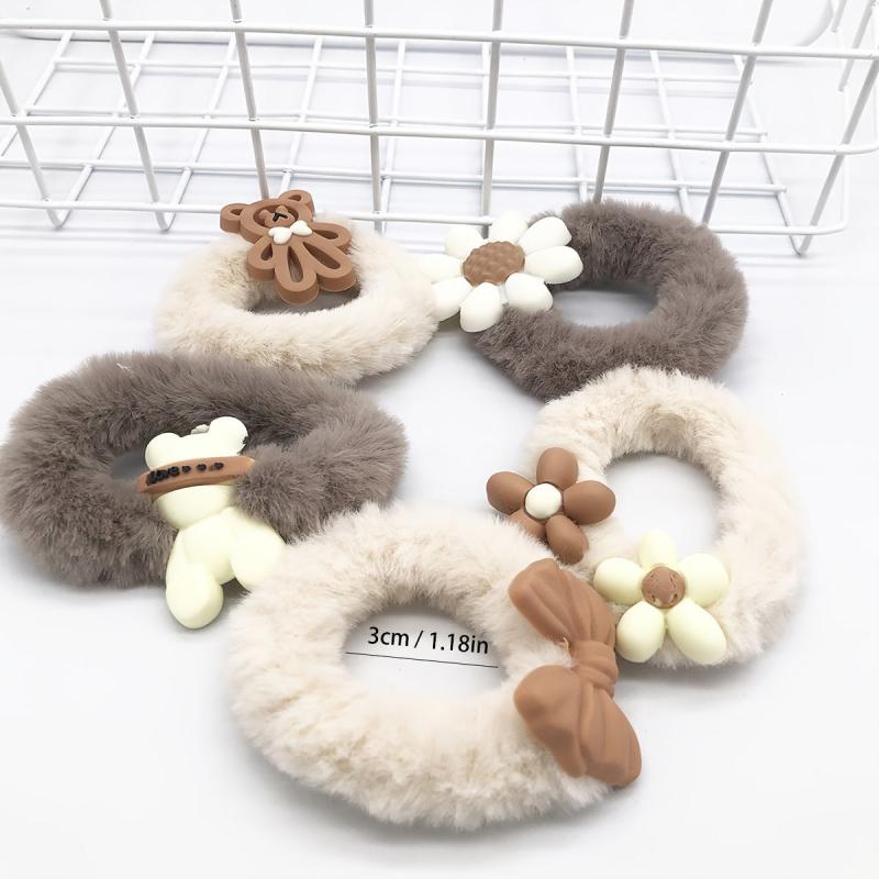 5pcs Bear Plush Hair Tie Cartoon Scrunchies Women Girls Curly Hair