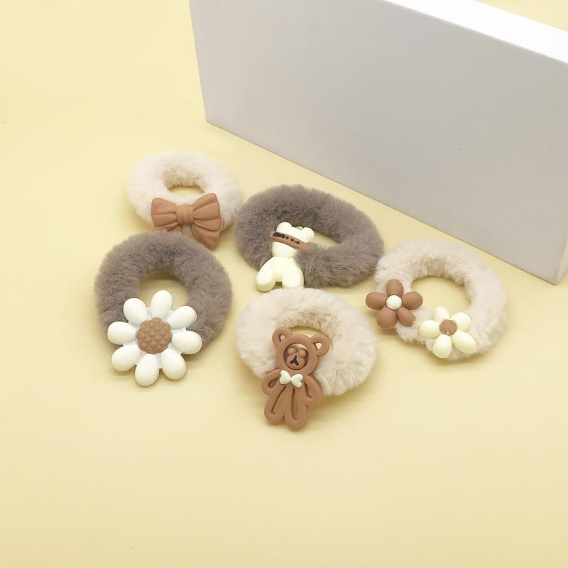 5pcs Bear Plush Hair Tie Cartoon Scrunchies Women Girls Curly Hair