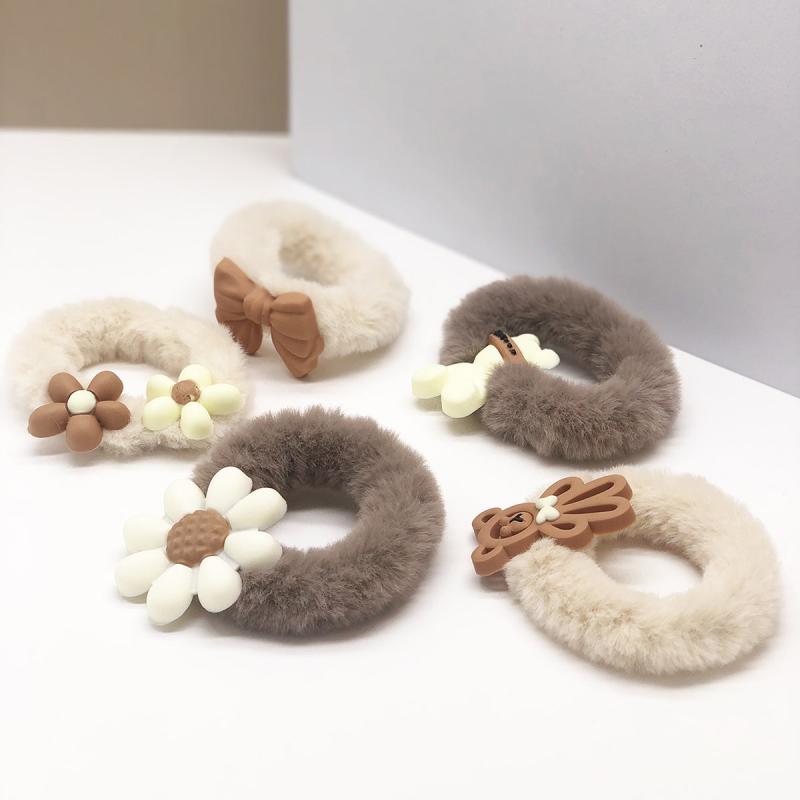 5pcs Bear Plush Hair Tie Cartoon Scrunchies Women Girls Curly Hair
