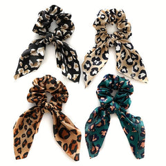 4pcs Leopard Print Bow Scrunchies Soft Satin Hair Rope Elastic