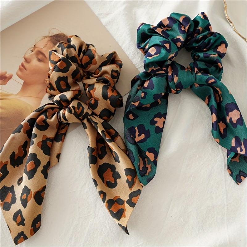4pcs Leopard Print Bow Scrunchies Soft Satin Hair Rope Elastic