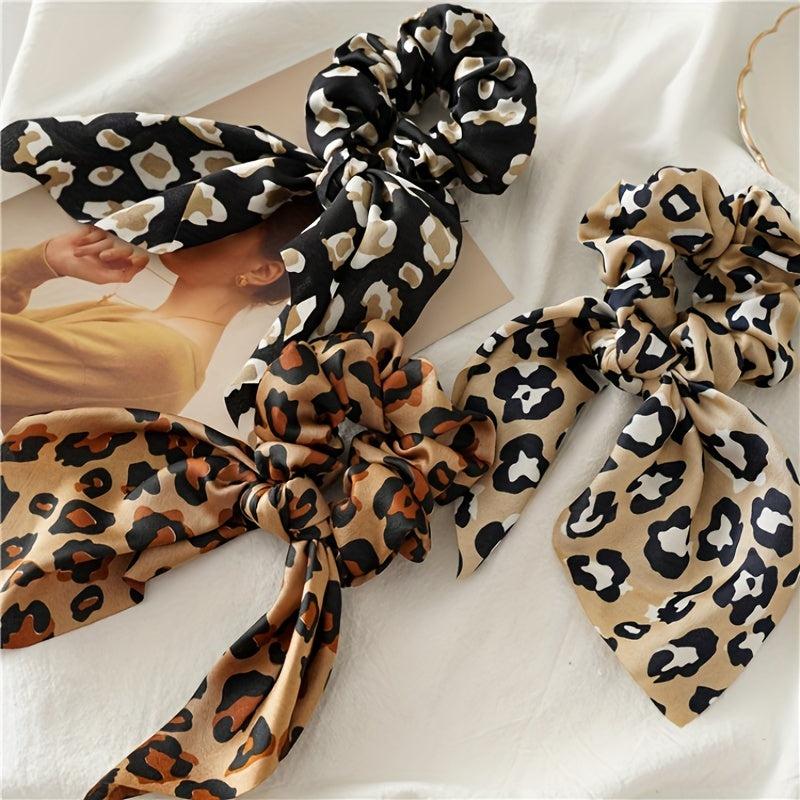 4pcs Leopard Print Bow Scrunchies Soft Satin Hair Rope Elastic
