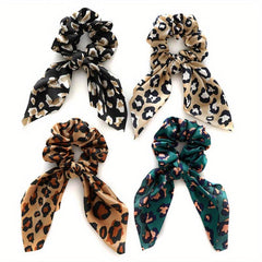 4pcs Leopard Print Bow Scrunchies Soft Satin Hair Rope Elastic