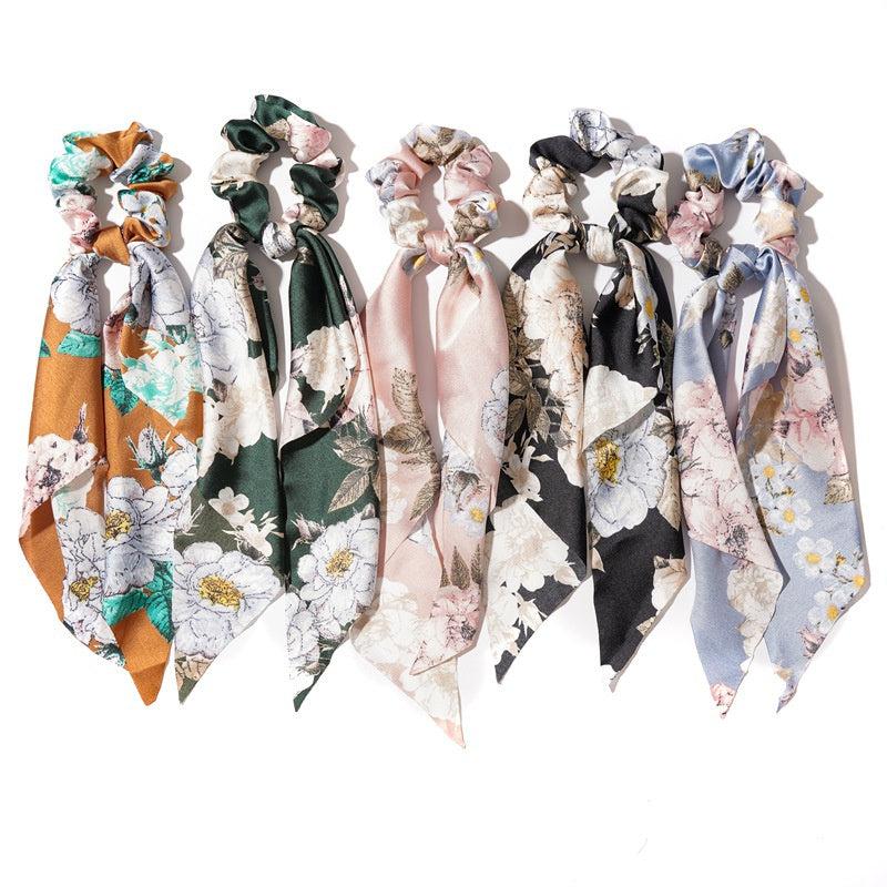 Vintage Floral Print Scarf Scrunchies Hair Tie Silky Hair Rope Ponytail Holder