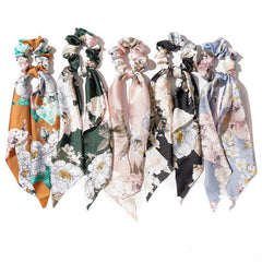 Vintage Floral Print Scarf Scrunchies Hair Tie Silky Hair Rope Ponytail Holder