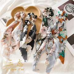 Vintage Floral Print Scarf Scrunchies Hair Tie Silky Hair Rope Ponytail Holder