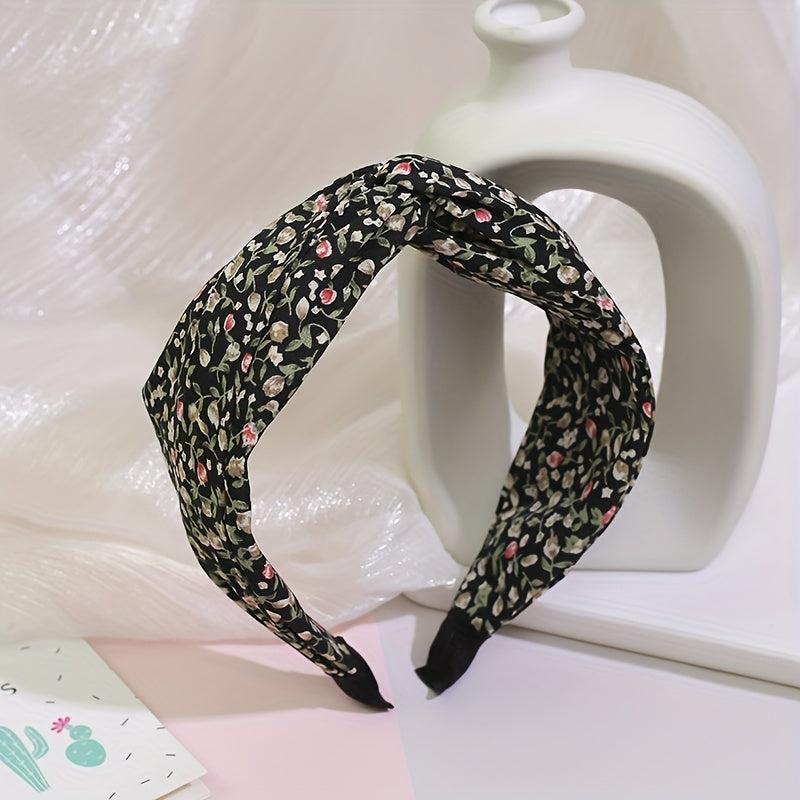 Pastoral Floral Print Headband Cross Knotted Head Hoop Wide Headdress