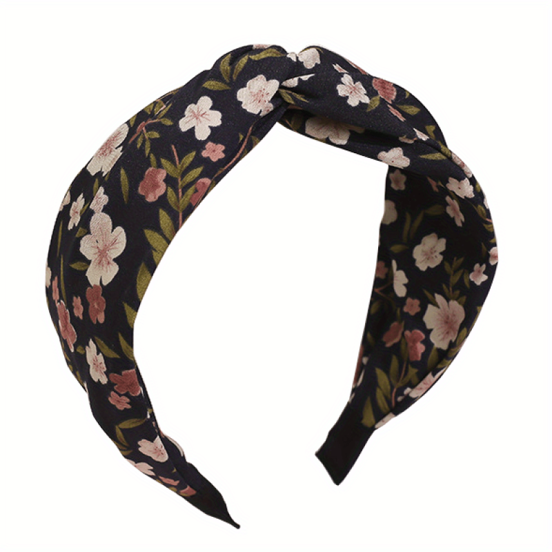 Pastoral Floral Print Headband Cross Knotted Head Hoop Wide Headdress
