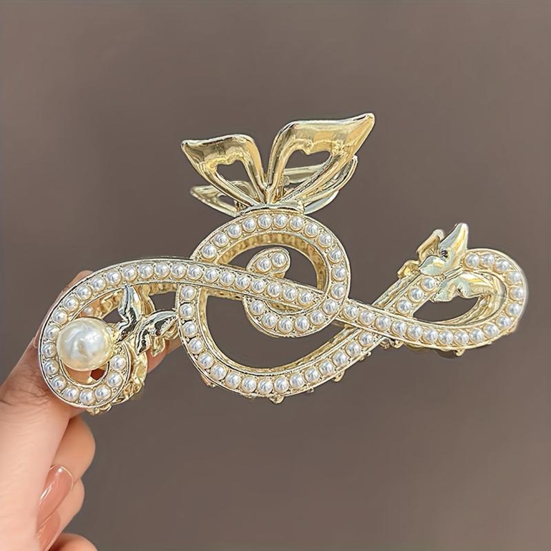 Musical Sign Hair Claw Rhinestone Faux Pearl Ponytail Holder