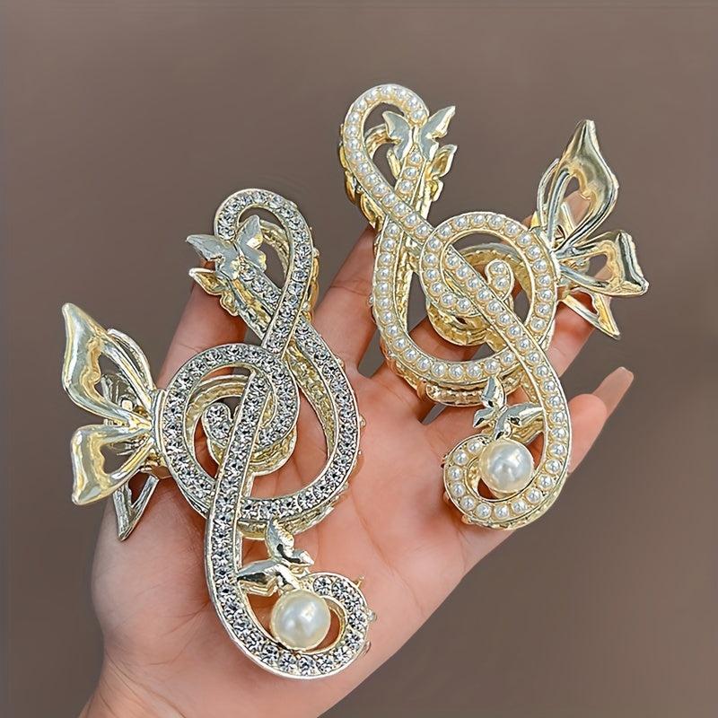 Musical Sign Hair Claw Rhinestone Faux Pearl Ponytail Holder