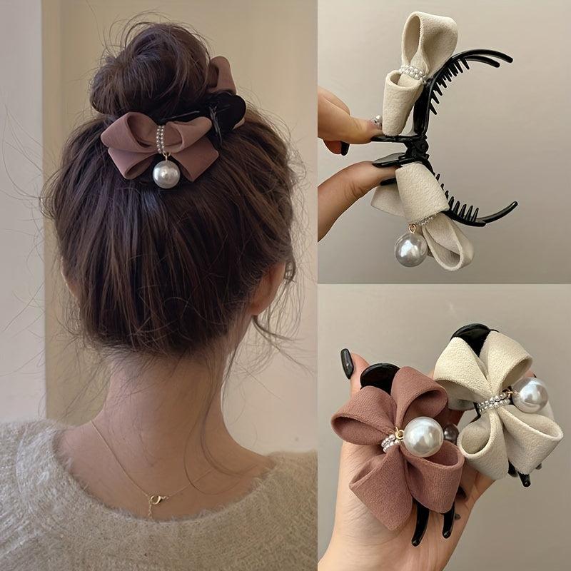 Duck Billed Bow Hair Clip Pearl Ponytail Holder Claw Women Girls Clip