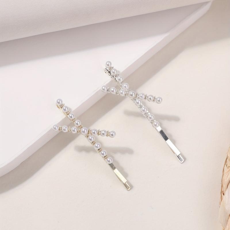 2pcs Faux Pearl Cross Hair Clip Resin Bobby Pin Hair Barrette Hair Slides