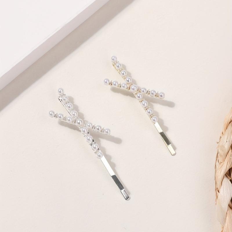 2pcs Faux Pearl Cross Hair Clip Resin Bobby Pin Hair Barrette Hair Slides