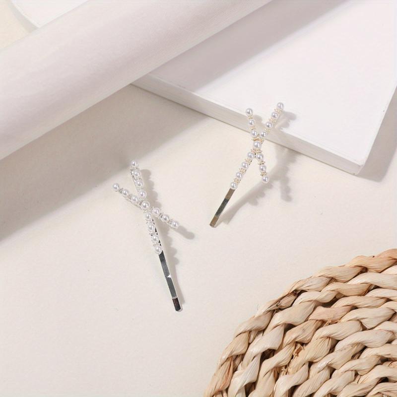 2pcs Faux Pearl Cross Hair Clip Resin Bobby Pin Hair Barrette Hair Slides