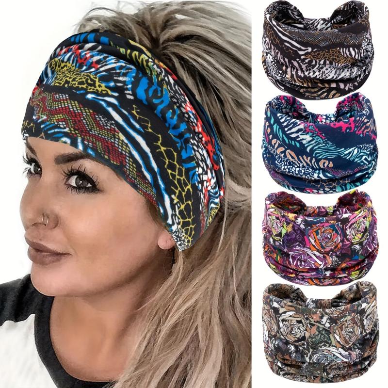 Boho Floral Headband Leopard Print Wide Bandana Hair Accessories