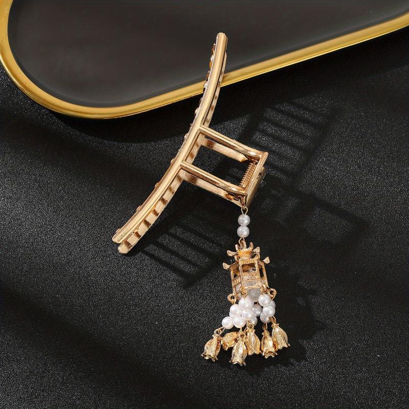 Luminous Lantern FauxPearl Tassel Hair Claw Clip Metal Golden Retro