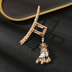 Luminous Lantern FauxPearl Tassel Hair Claw Clip Metal Golden Retro