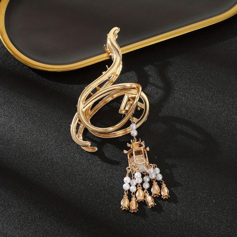 Luminous Lantern FauxPearl Tassel Hair Claw Clip Metal Golden Retro