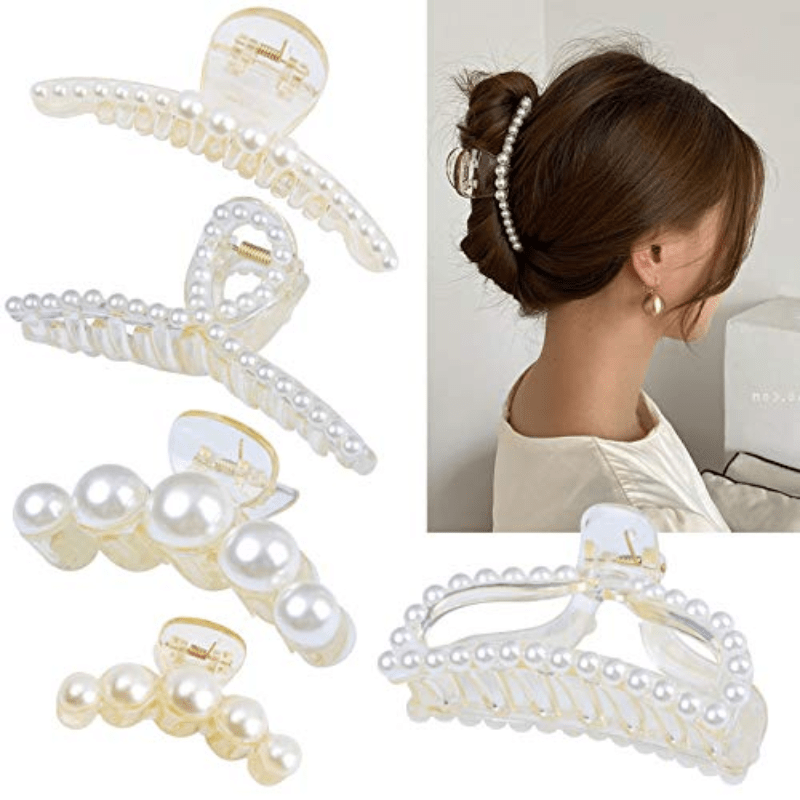 5pcs Faux Pearl Hair Claw Nonslip Hair Claw For Thick Long Hair Women Girls