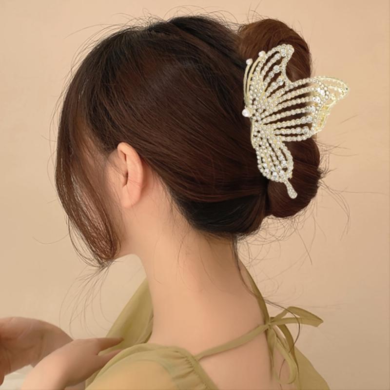 Butterfly Hair Claw Clip Rhinestone Faux Pearl Non Slip Grip