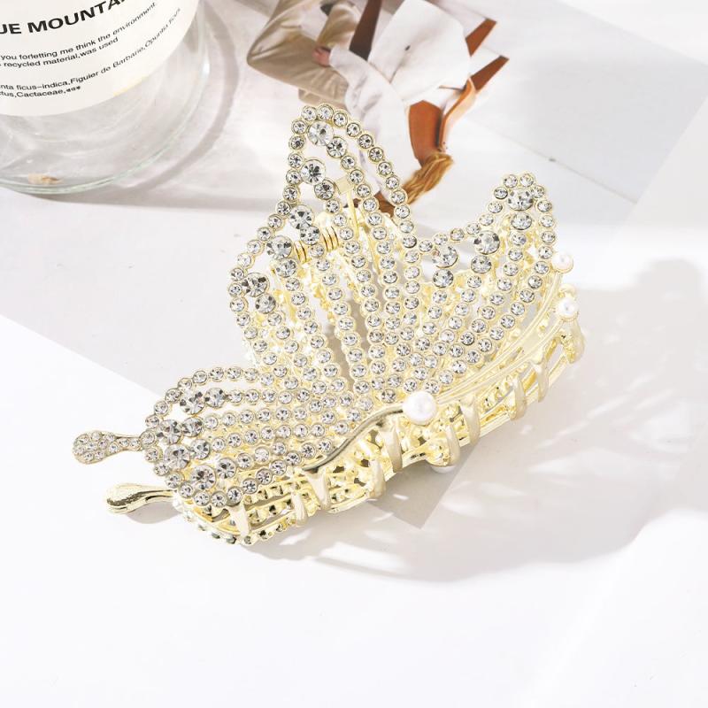Butterfly Hair Claw Clip Rhinestone Faux Pearl Non Slip Grip