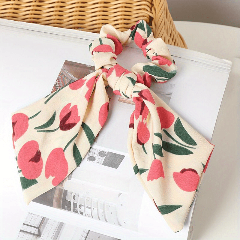 Tulip Pattern Bow Knot Hair Tie Flower Hair Rope Pastoral Hair Accessory
