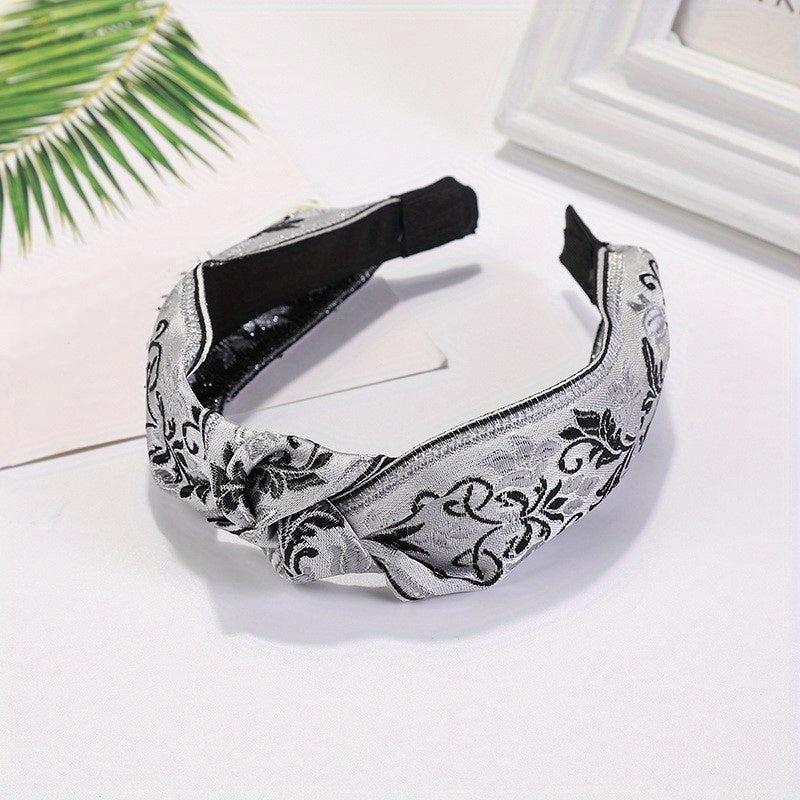 Embroidered Knot Decor Hair Hoop Wide Hair Band Floral Pattern Headband