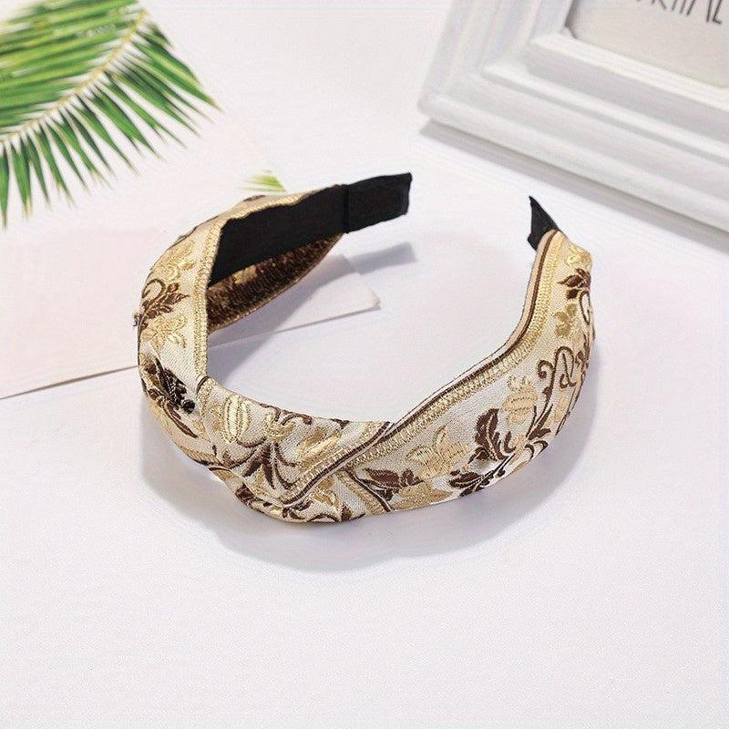 Embroidered Knot Decor Hair Hoop Wide Hair Band Floral Pattern Headband