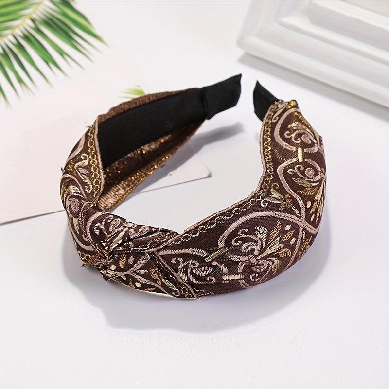 Embroidered Knot Decor Hair Hoop Wide Hair Band Floral Pattern Headband