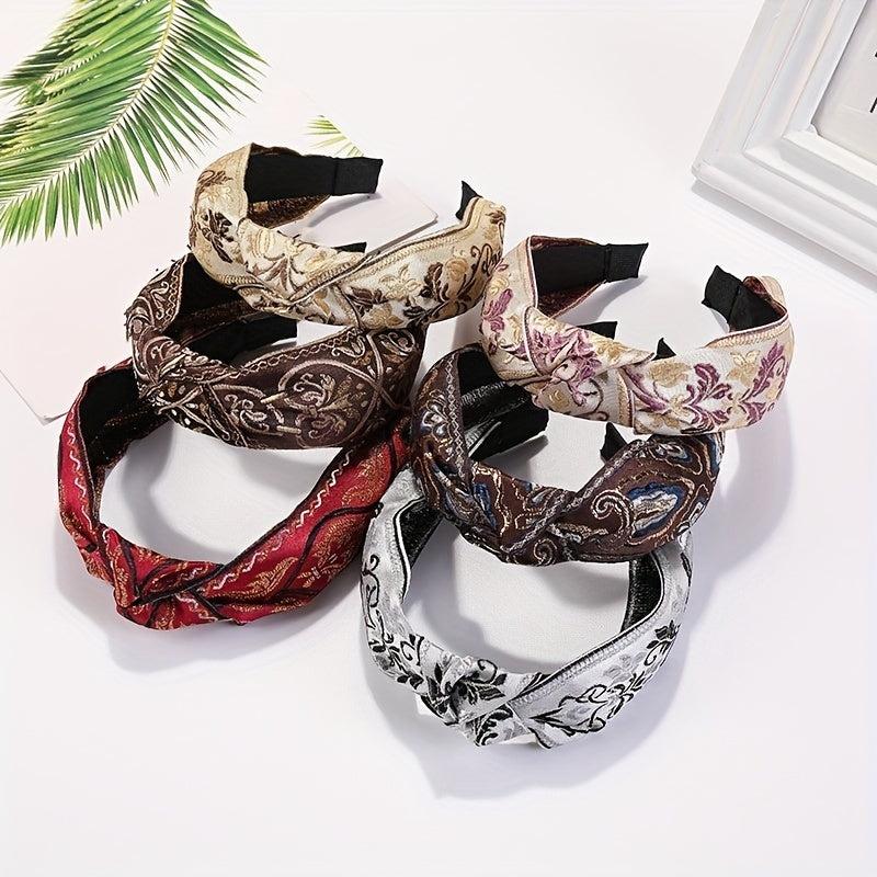 Embroidered Knot Decor Hair Hoop Wide Hair Band Floral Pattern Headband