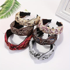 Embroidered Knot Decor Hair Hoop Wide Hair Band Floral Pattern Headband