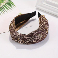 Embroidered Knot Decor Hair Hoop Wide Hair Band Floral Pattern Headband