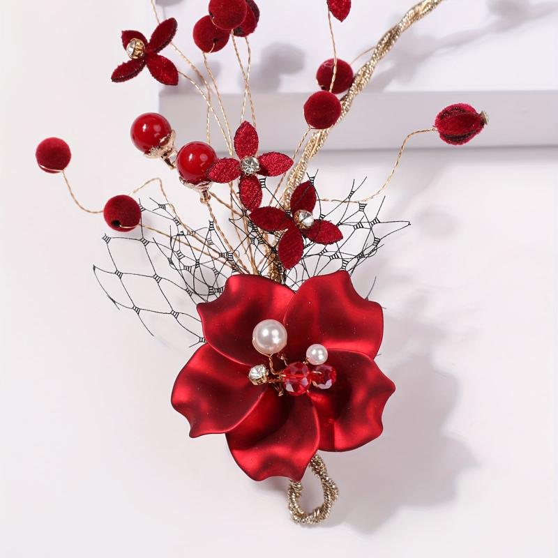 Chinese Style Bridal Headdress Red Metal Flower Beaded Hair Accessories