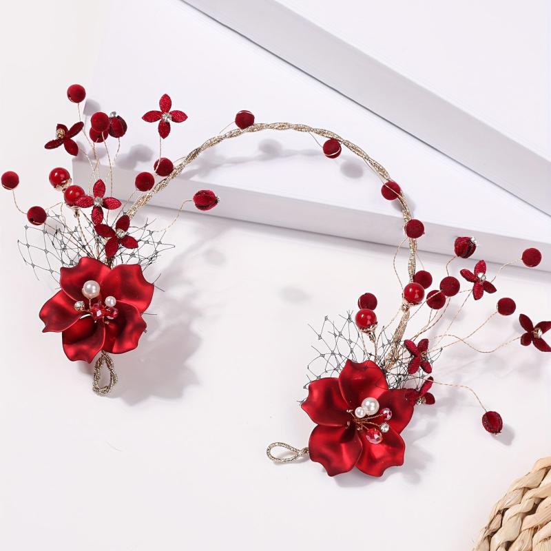 Chinese Style Bridal Headdress Red Metal Flower Beaded Hair Accessories