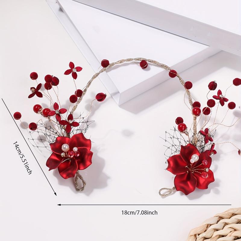 Chinese Style Bridal Headdress Red Metal Flower Beaded Hair Accessories