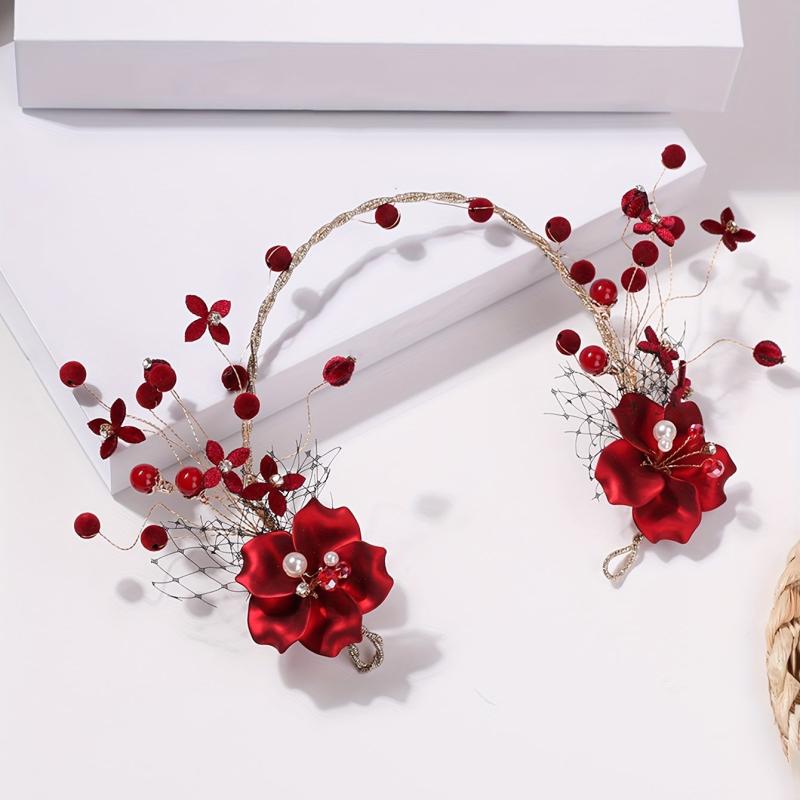Chinese Style Bridal Headdress Red Metal Flower Beaded Hair Accessories