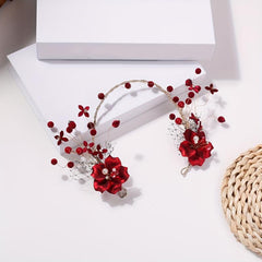 Chinese Style Bridal Headdress Red Metal Flower Beaded Hair Accessories