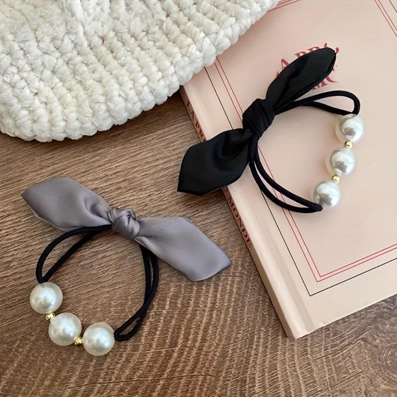 Faux Pearl Bow Hair Tie Women's High Elasticity Bow Ponytail Hair Rope Headwear