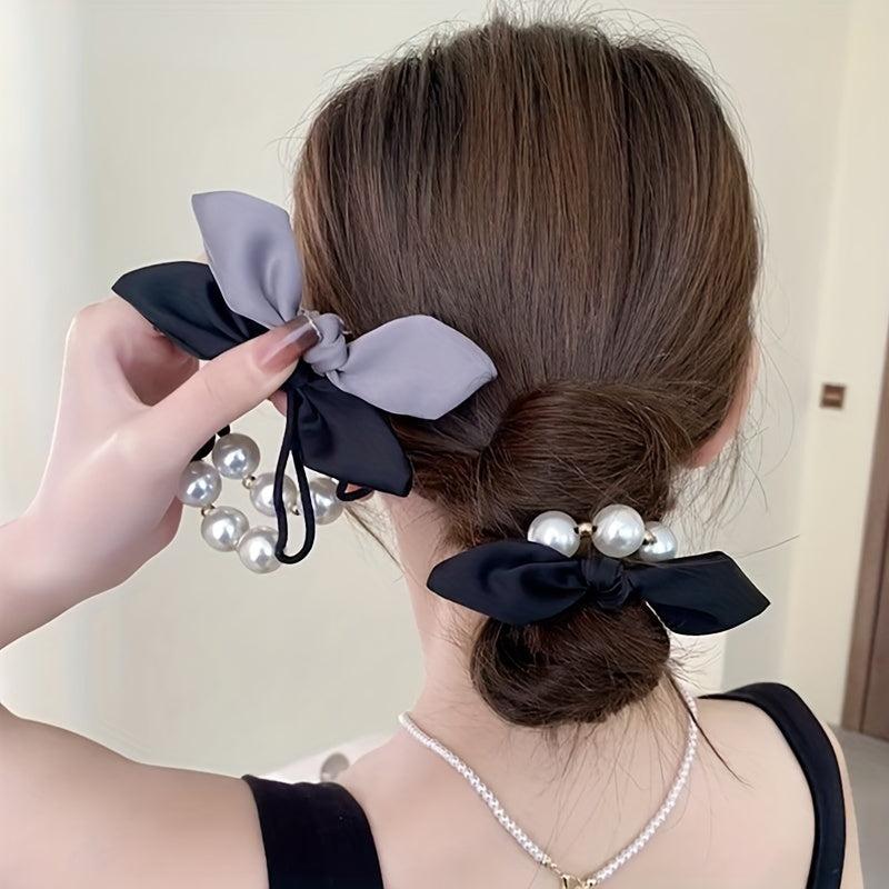 Faux Pearl Bow Hair Tie Women's High Elasticity Bow Ponytail Hair Rope Headwear