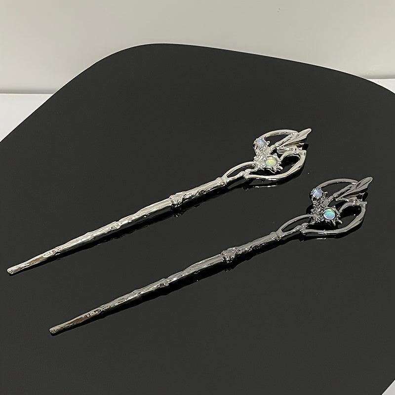 2pcs Vintage Alloy Moonstone Hairpin, Chinese Style Chignon Hair Accessories
