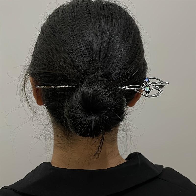 2pcs Vintage Alloy Moonstone Hairpin, Chinese Style Chignon Hair Accessories