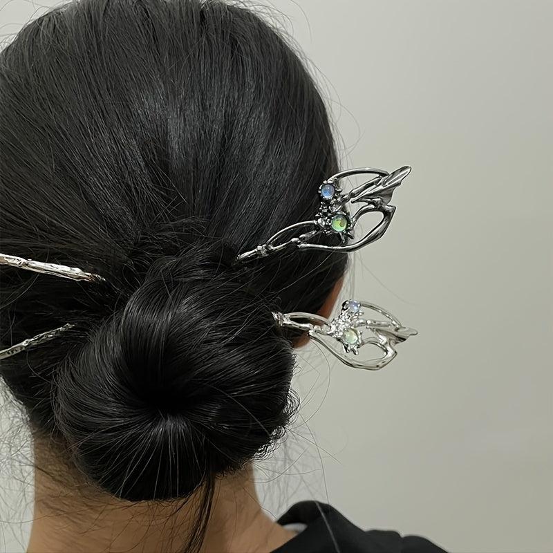 2pcs Vintage Alloy Moonstone Hairpin, Chinese Style Chignon Hair Accessories