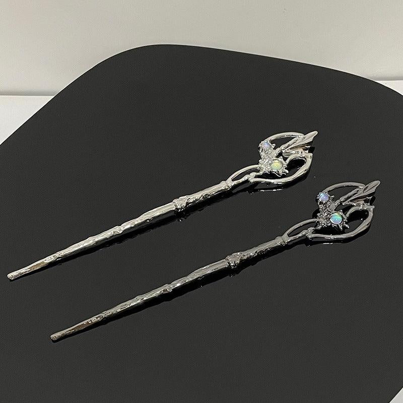 2pcs Vintage Alloy Moonstone Hairpin, Chinese Style Chignon Hair Accessories